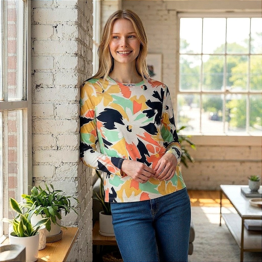 Hang Ten Womens Floral UPF 50+ Sun Shirt Long Sleeve Side Pocket Size Small